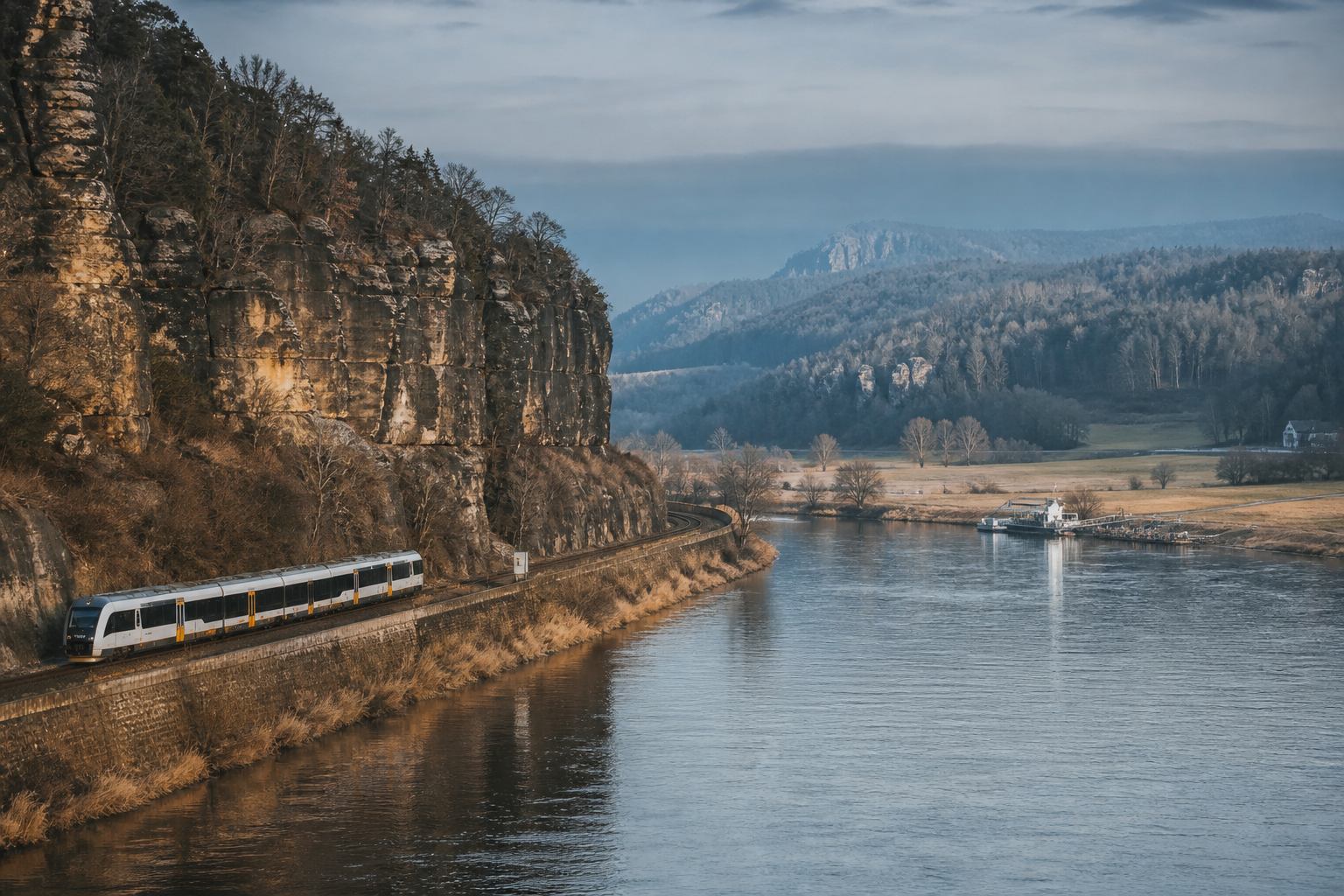 Elbetal mit Regionalbahn und Sandsteinwänden