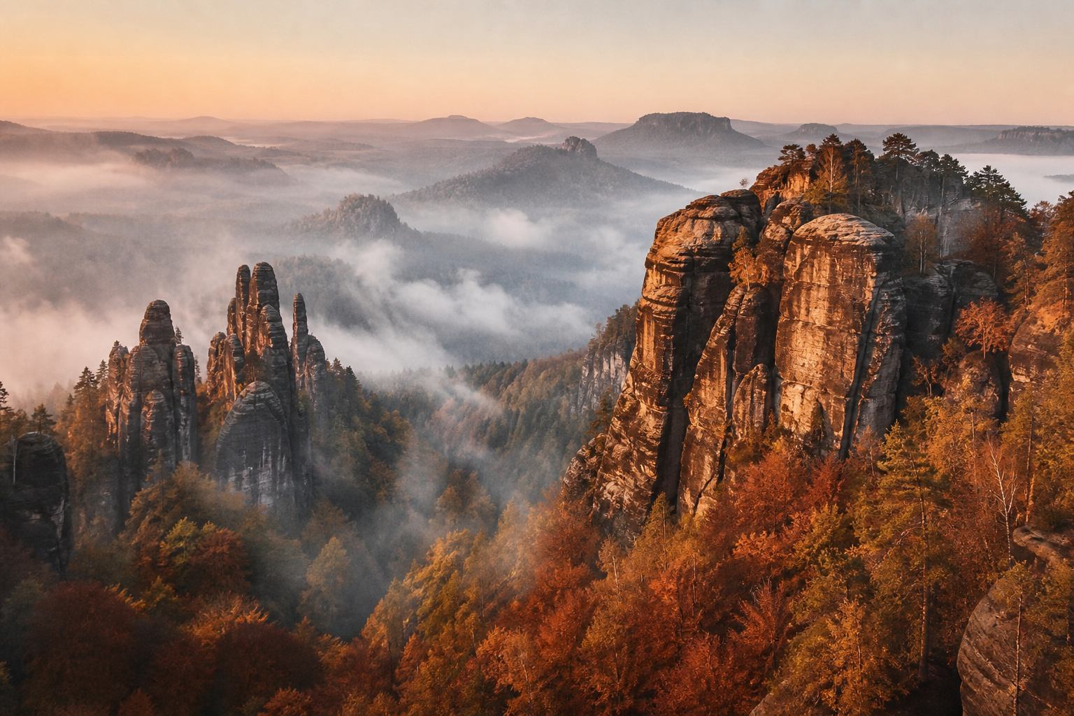 Kupferfarbener Herbstwald und Nebel zwischen Sandsteintürmen